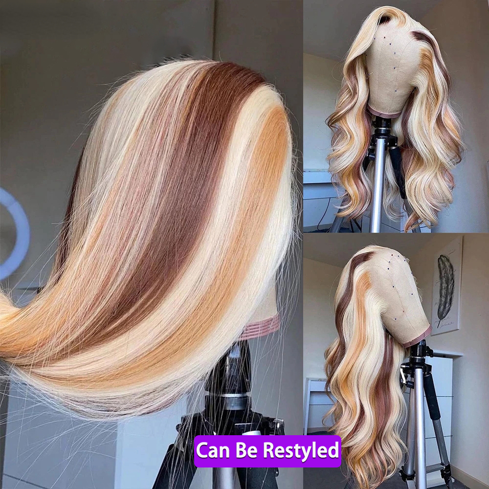 180 Density Brazilian Highlight Blonde Colored Simulation Human Hair Wig Body Wave Ombre HD Transparent Straight Lace Front Wigs For Women