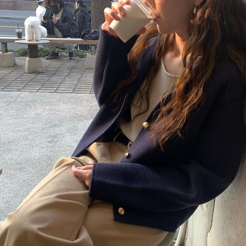 Womens Knits Tees Deeptown Elegant Knit Cardigan Women Old Money Style Korean Fashion Sweater Female Office Ladies Chic Autumn Casual Short Jumper 231