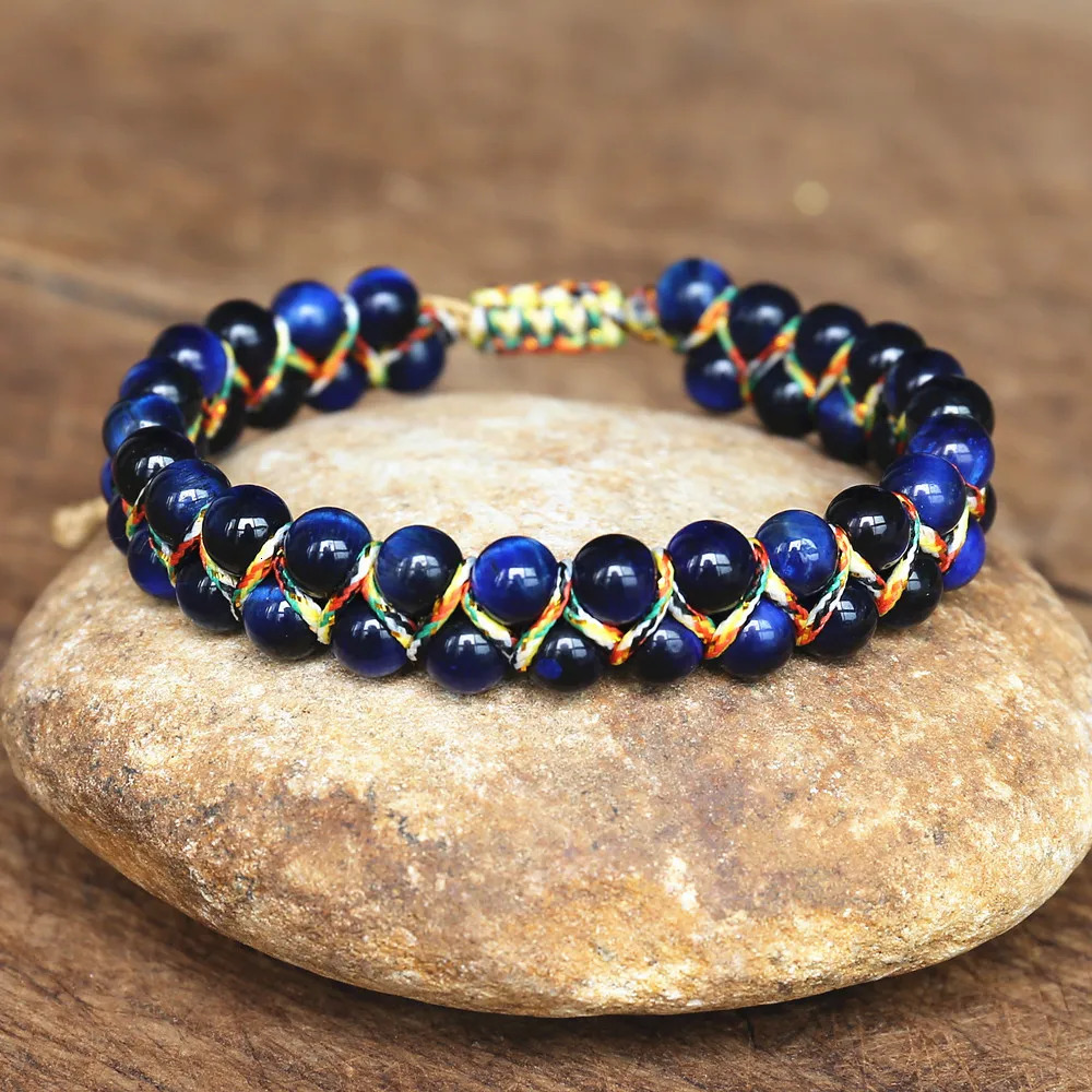 Charm Bracelets Handmade 6mm Blue Tiger Eye Stone Beads Braided Bracelet Women Men Friendship Strand Charm Bracelet Bohemian Jewelry 231009