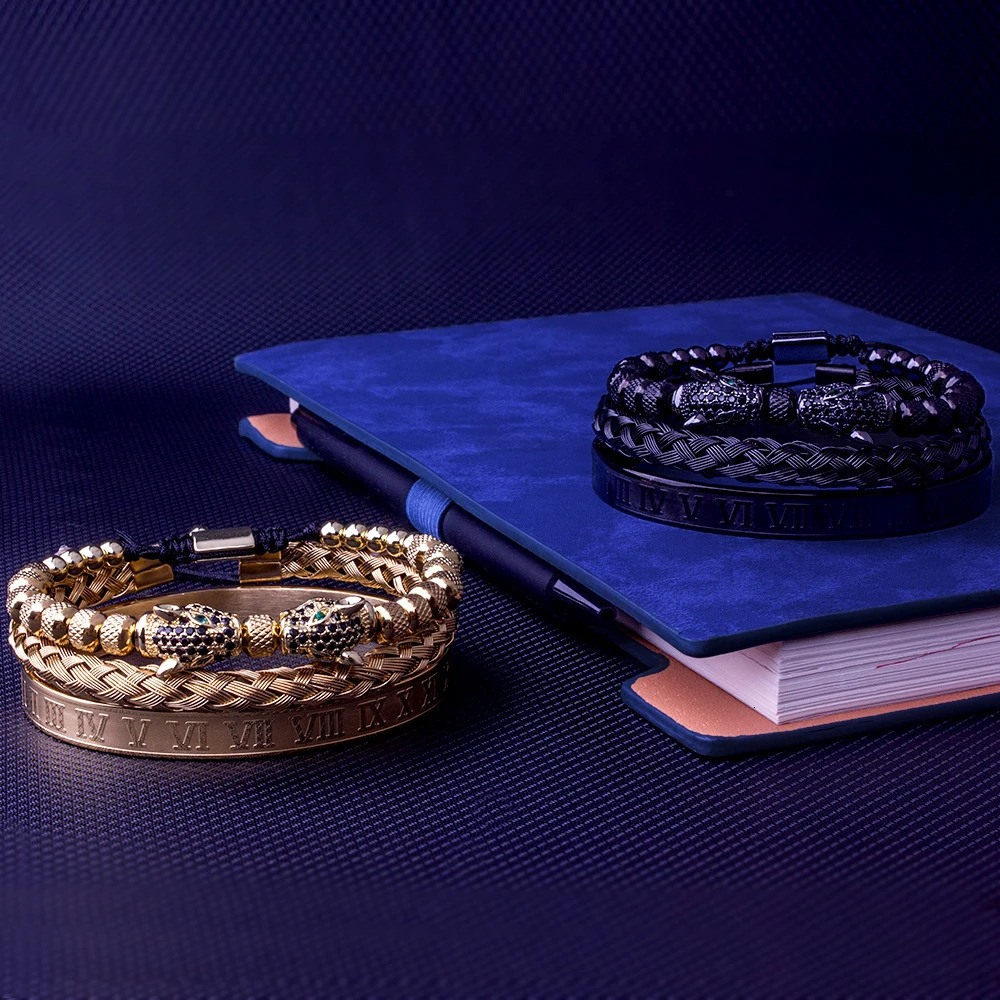 Charm Bracelets 3pcs/set Classical Handmade Braiding Bracelet Hip Hop Men Pave CZ Leopard Head Roman Numeral Bracelet Stainless Steel Jewelry 231009