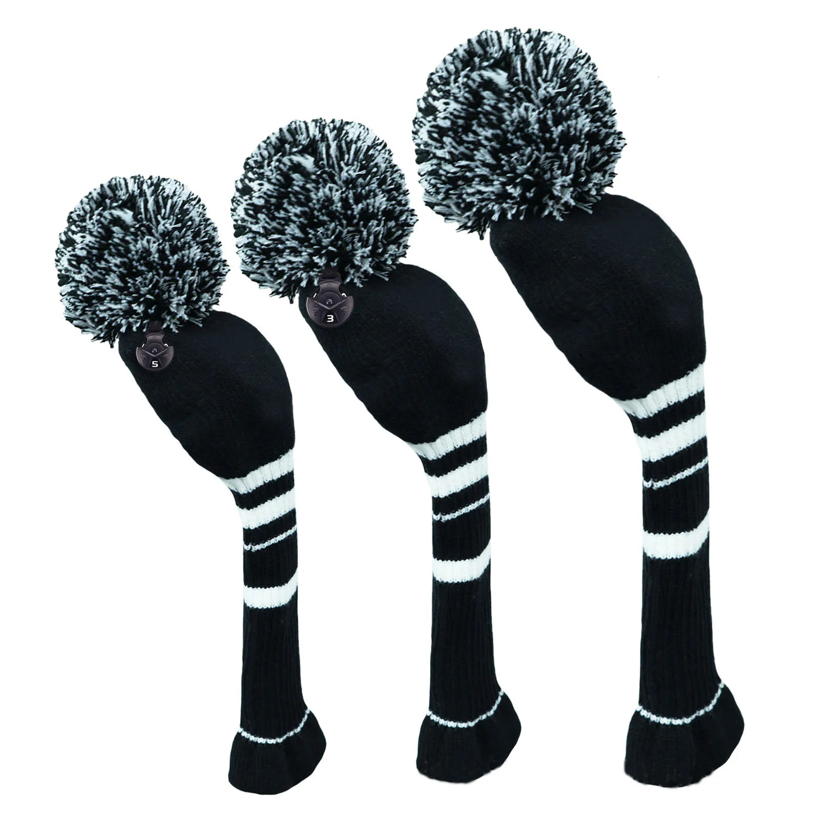 Other Golf Products 3pcs Knit Headcover Classic Protector For Driver Fairway Hybrid with Big Pom Head Covers Black White 231010