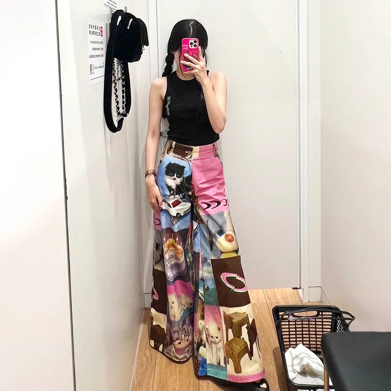 Women's Pants s Karrram Japanese Y2k Wide Leg Harajuku Pink High Waist 2000s Aesthetic Kawaii Cat Print Trousers Korean Fashion Cute 231009