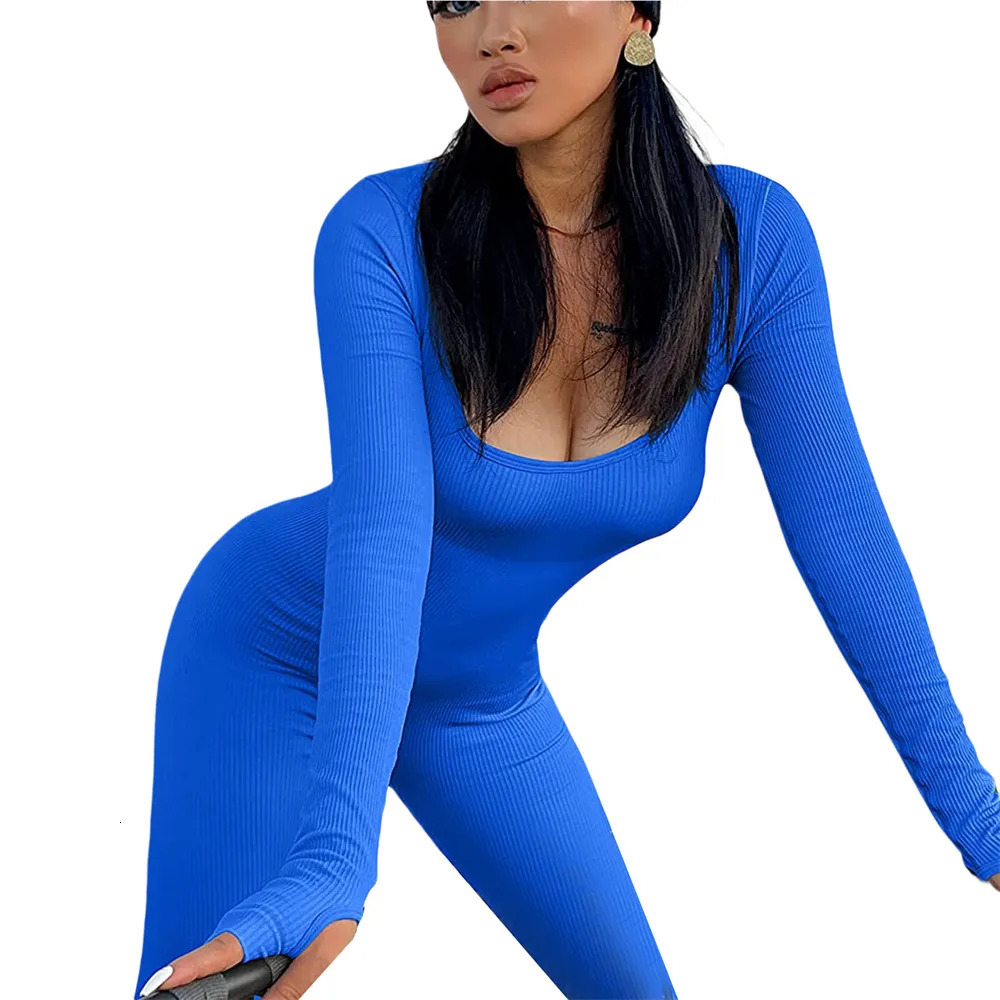 Women's Jumpsuits Rompers Women Skinny Jumpsuit Solid Color Ribbed Knit Long Sleeve Square Neck Bodycon Jumpsuit Romper Work Out Sport Yoga Plays