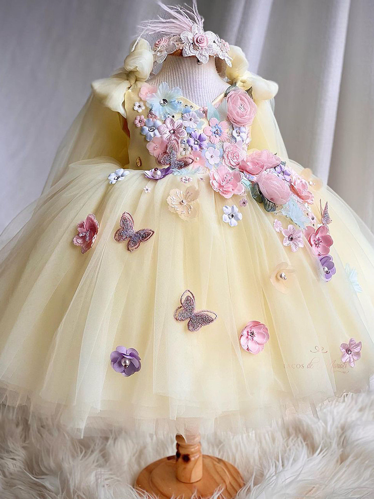 Yellow Ral Wer Girl Dresses For Wedding Gown Butterfly Lace Applique Baby Birthday Dress Girls Pageant Ball Gowns Kid Party Prom Clothes 403 6660311