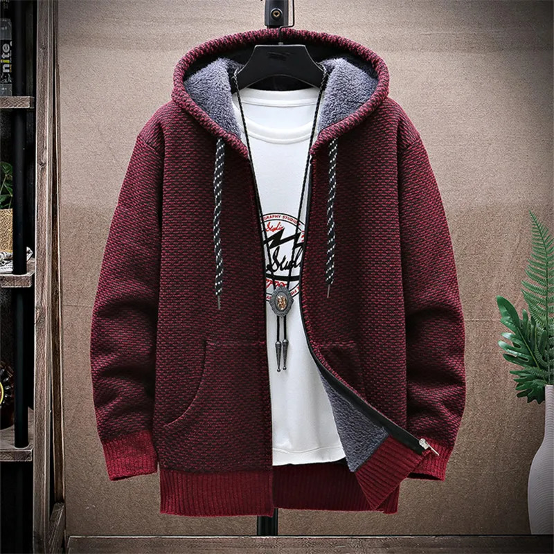 Men's Sweaters Winter Fleece Sweatercoat Men Thick Warm Hooded Kintted Mens Sweater Cardigan Solid Casual Knitting Jacket Coat Male Clothing 2310
