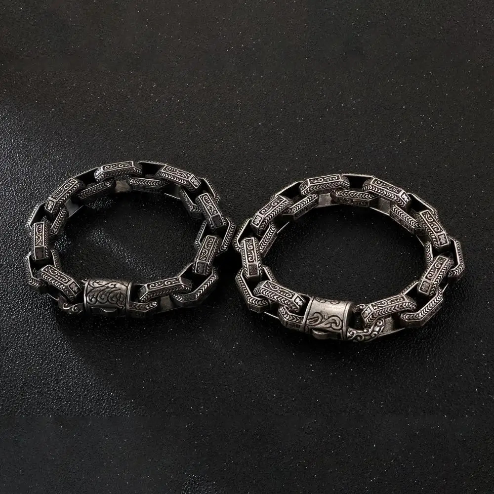 Charm Bracelets Fongten Vintage Square Bead Bracelet For Men Black Stainless Steel Viking Punk Charms Heavy Bracelets Fashion Jewelry Wholesale 231009