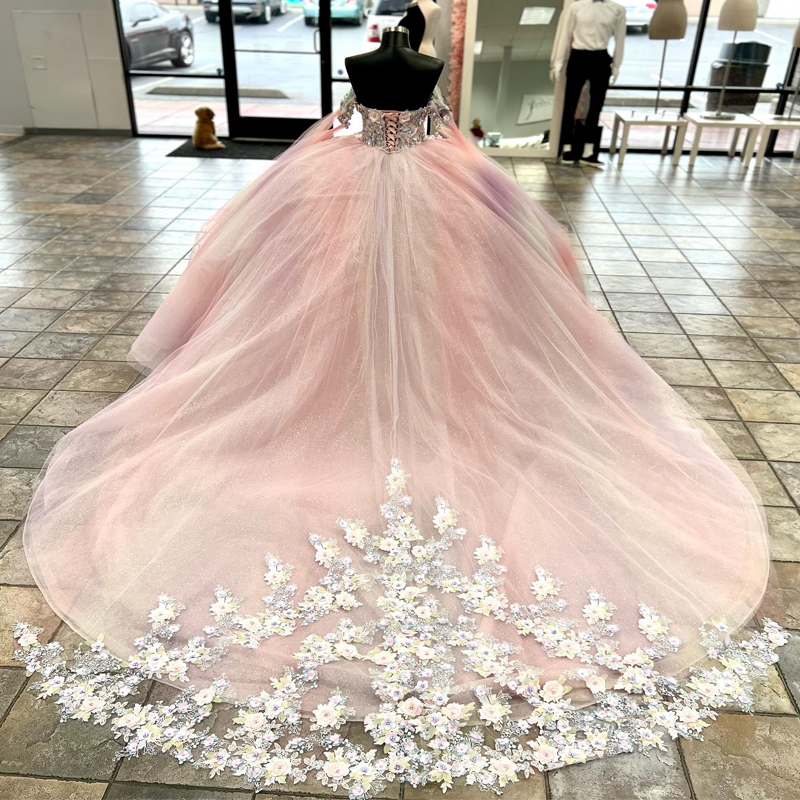 Pink Shiny Sweetheart Tulle Quinceanera Dresses Off The Shoulder Beads Applique Lace Ball Gown Sweet Sixteen Dress Gowns Vestidos 1115