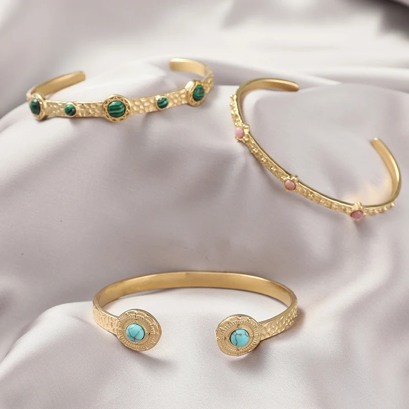 Charm Bracelets Vintage Green Natural Stone Inlay Bracelets for Women Girls Boho Summer Trendy Stainless Steel Opening Bangle Party Jewelry Gift 23100