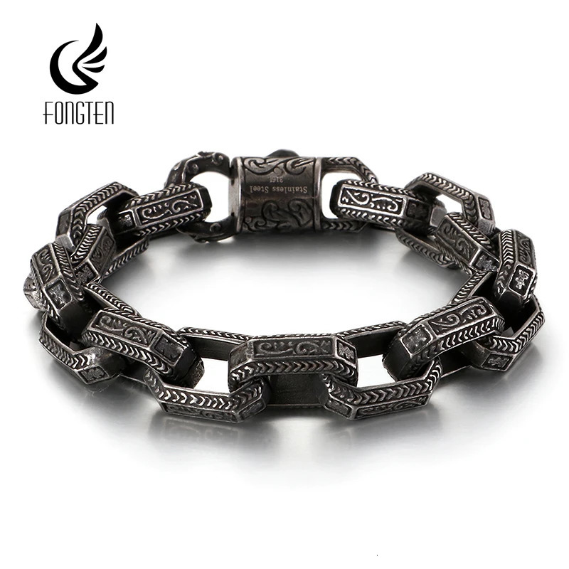 Charm Bracelets Fongten Vintage Square Bead Bracelet For Men Black Stainless Steel Viking Punk Charms Heavy Bracelets Fashion Jewelry Wholesale 231009