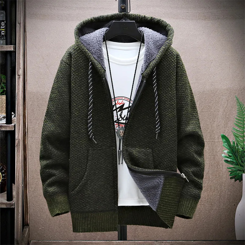 Men's Sweaters Winter Fleece Sweatercoat Men Thick Warm Hooded Kintted Mens Sweater Cardigan Solid Casual Knitting Jacket Coat Male Clothing 2310
