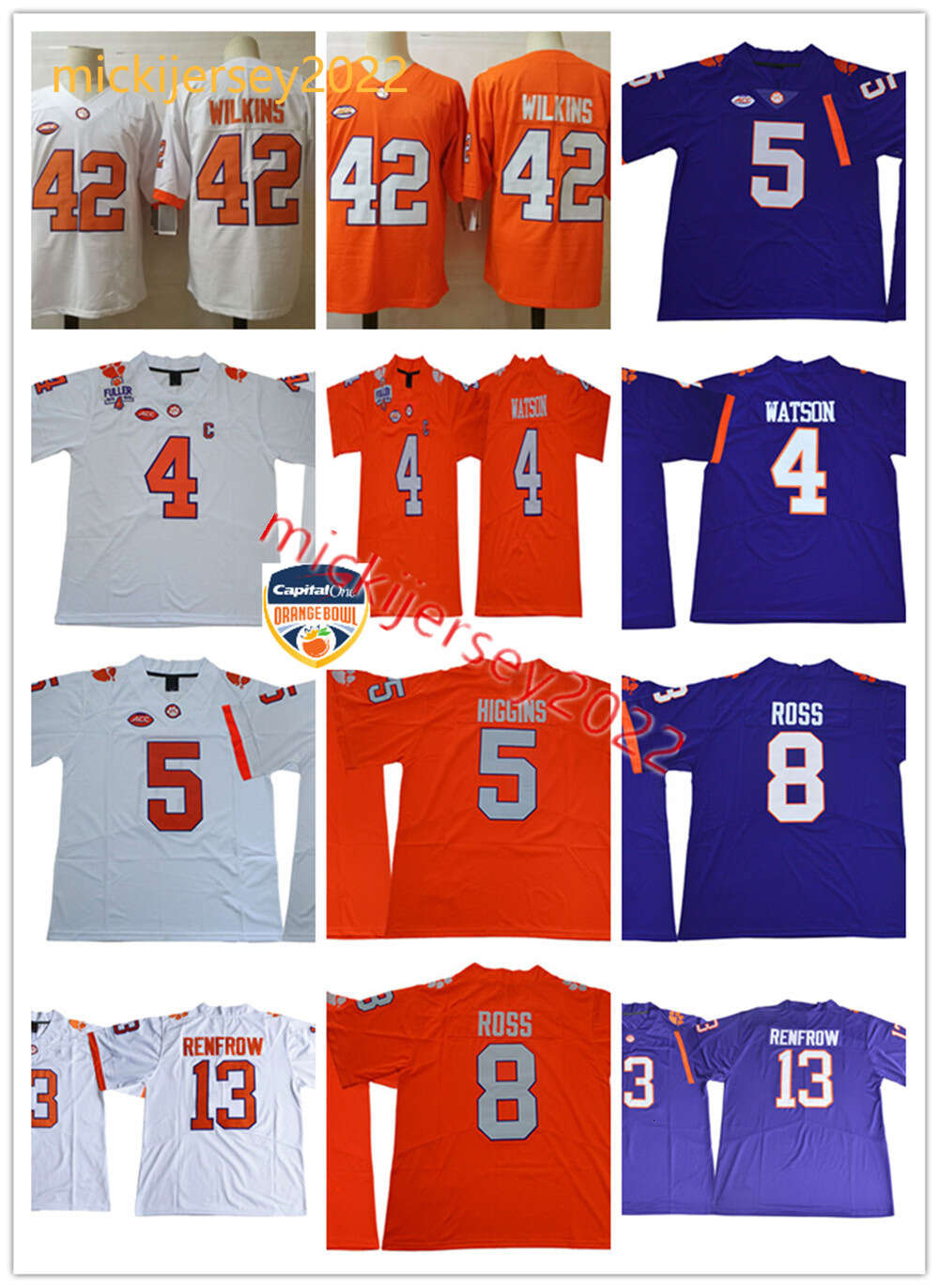 Mens Tee Higgins DeShaun Watson Clemson Football Jersey Cousu Hunter Renfrow 42 Christian Wilkins 8 Justyn Ross Clemson Tigers Maillots