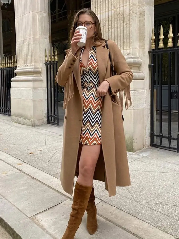Womens Wool Blends Tassels Solid Oversize Coat Woolen Split Double Breasted Fashion Notched Autumn Winter Jacket Female Long Sleeve 231010