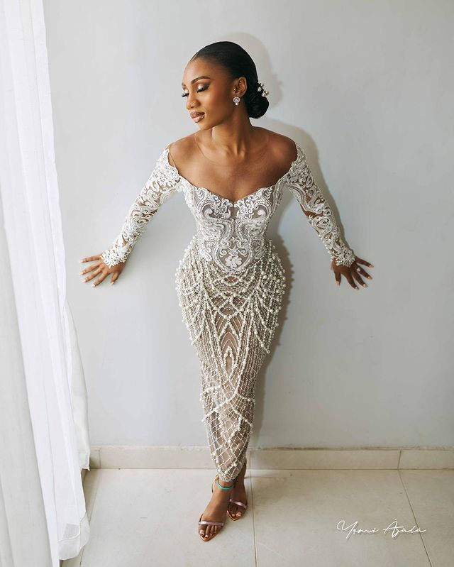 2023 Oct Arabic Aso Ebi Plus Size Sheath Ivory Luxurious Wedding Dress Pearls Lace Detachable Train Bridal Gowns Dresses ZJ734