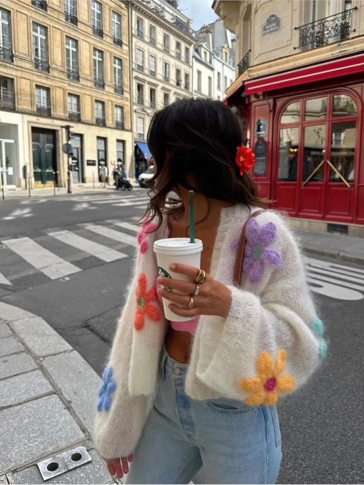 Women's Knits Tees Fashion Chic Casual Embroidery Sweater Loose Open Stitch Women Long Sleeve Cardigan Autumn Winter Ladies High Street Tops 2310