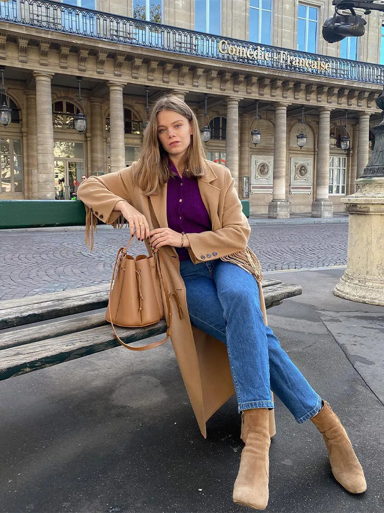 Womens Wool Blends Tassels Solid Oversize Coat Woolen Split Double Breasted Fashion Notched Autumn Winter Jacket Female Long Sleeve 231010