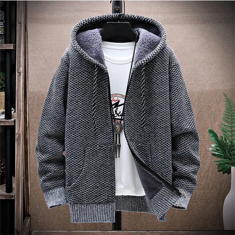 Men's Sweaters Winter Fleece Sweatercoat Men Thick Warm Hooded Kintted Mens Sweater Cardigan Solid Casual Knitting Jacket Coat Male Clothing 2310