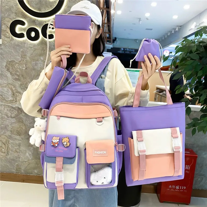 School Bags 5 In 1 Fashion Women Backpack Multiple Pockets School Bag For Teenage Girls Multifunctional Travel Backpacks Waterproof Bookbags 231009