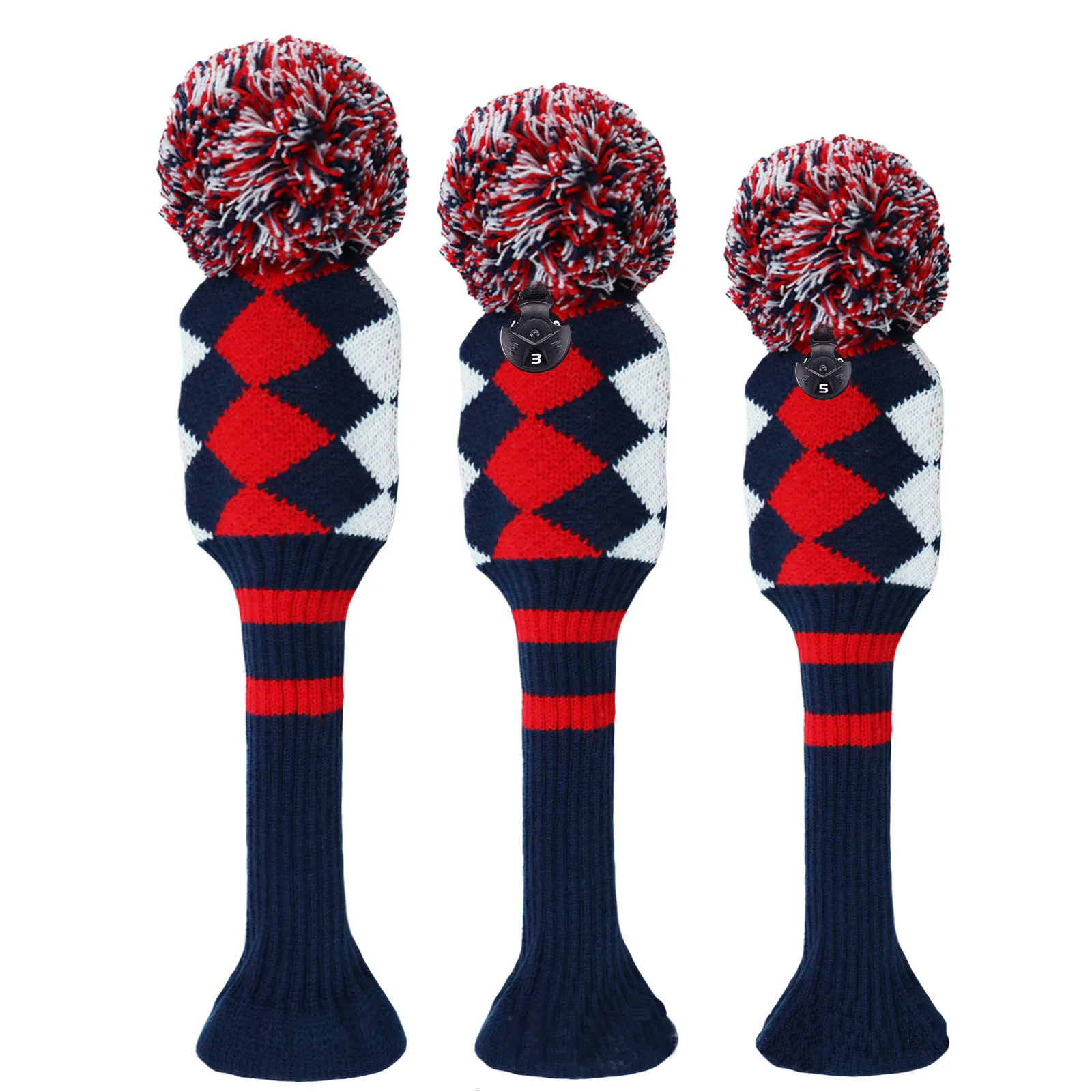 Other Golf Products 3pcs Knit Headcover Classic Protector For Driver Fairway Hybrid with Big Pom Head Covers Black White 231010