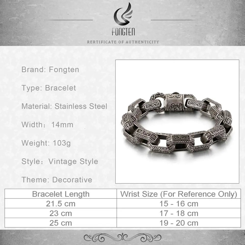 Charm Bracelets Fongten Vintage Square Bead Bracelet For Men Black Stainless Steel Viking Punk Charms Heavy Bracelets Fashion Jewelry Wholesale 231009