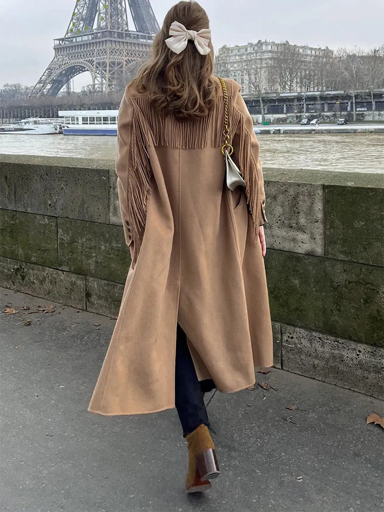 Womens Wool Blends Tassels Solid Oversize Coat Woolen Split Double Breasted Fashion Notched Autumn Winter Jacket Female Long Sleeve 231010