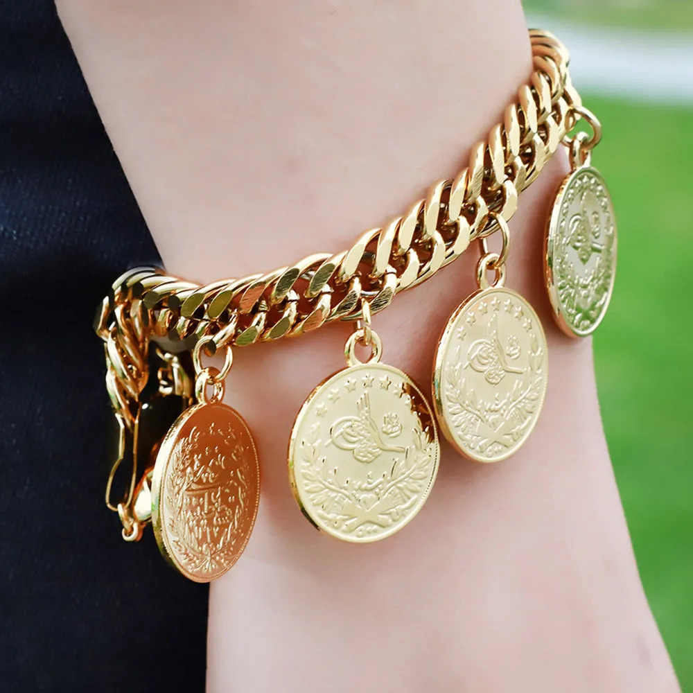 Charm Bracelets Turkish Couple Round Coin Bracelet Golden Muslim Islam Bracelet 21cm Fashion Personality Charm Jewelry Party Gift Wholesale 231009