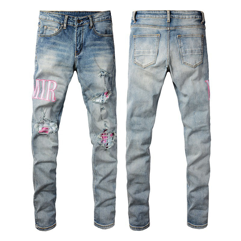 Men's Jeans High Street Jeans Men Letter Embroidered Denim Pants Hole Patch Slim Fit Pants