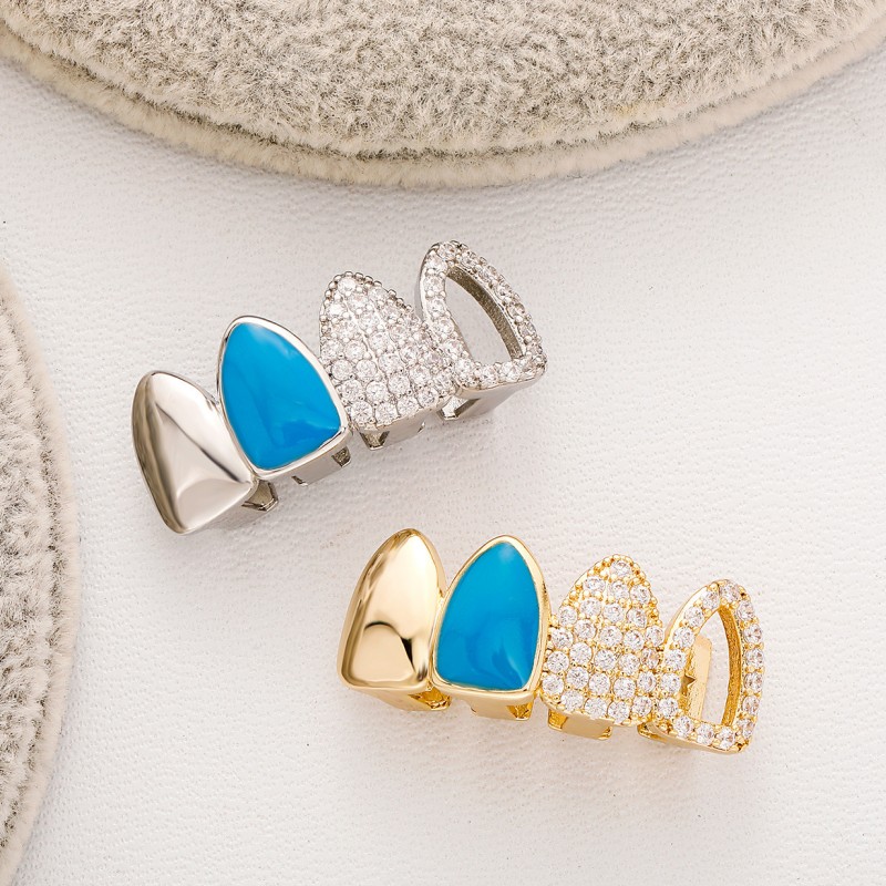 New Fashion Yellow White Gold Plated Bling Iced Out CZ Teeth Grillz Grills Dental Grills Rapper Jewelry for Men Women Gift
