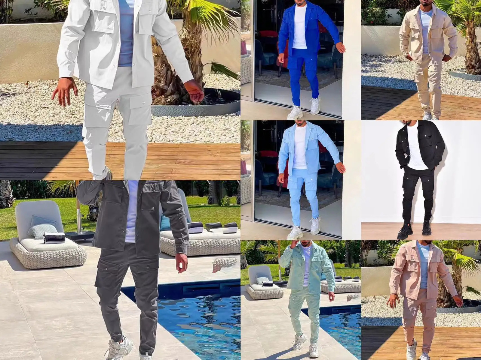 Men's Tracksuits Men's Jacket Cargo Pants Set with Pocket Button Spring Fall Blue Tracksuit High Quality Solid Color Male Fashion 2 Pieces S