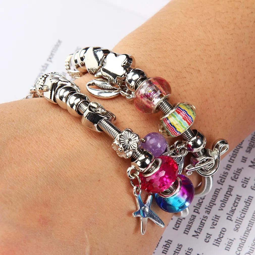 Charm Bracelets 12Pcs/set Women Stainless Steel Starfish Pendant Charms Bracelets Wire Cable Rhinestone Open Adjustable Cuff Bangles DIY Jewelry 23100
