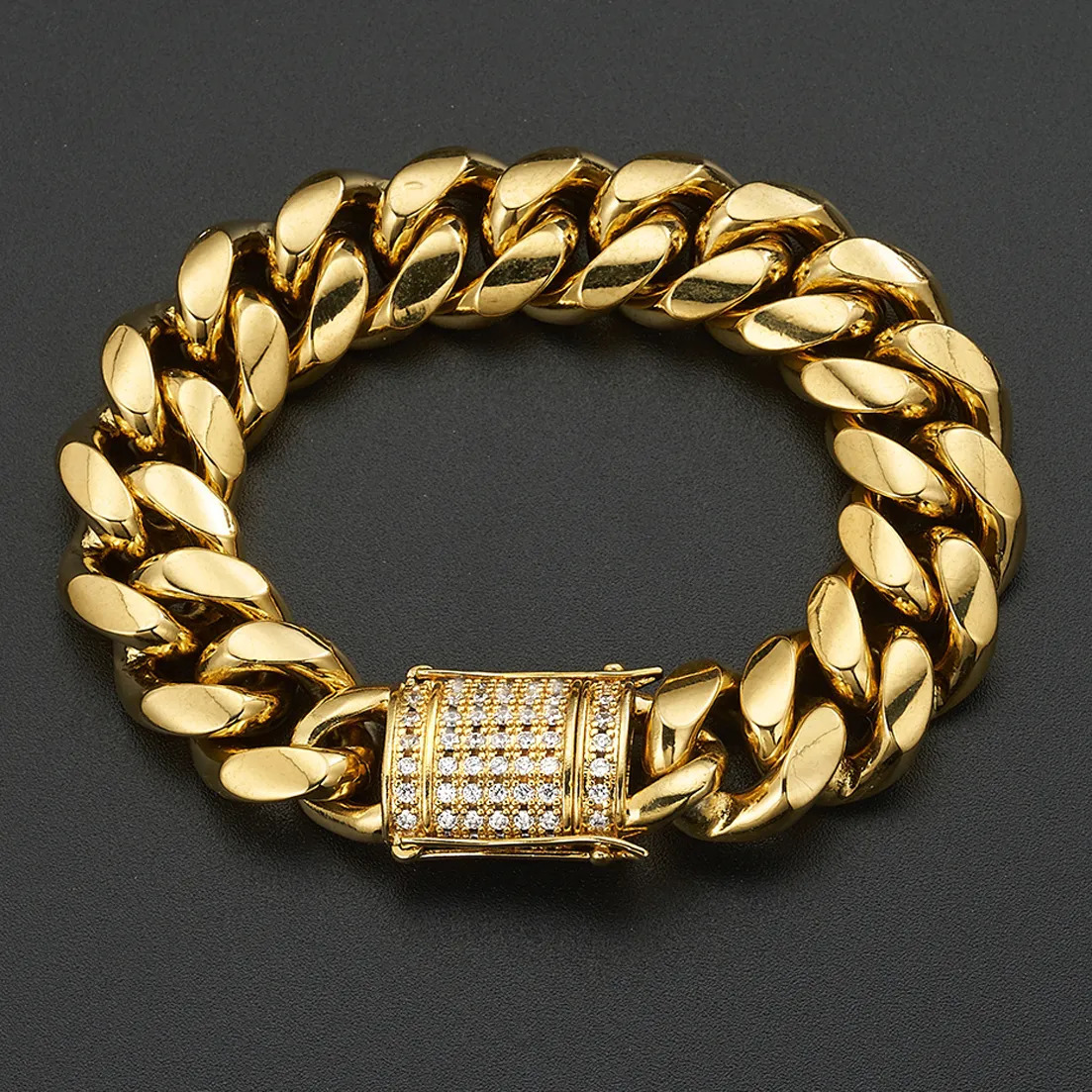 Charm Bracelets Arrival 8/10/12/14/16/18mm Stainless Steel Miami Curb Cuban Chain Crystal Bracelet Casting Lock Clasp Mens Link jewelry 231009