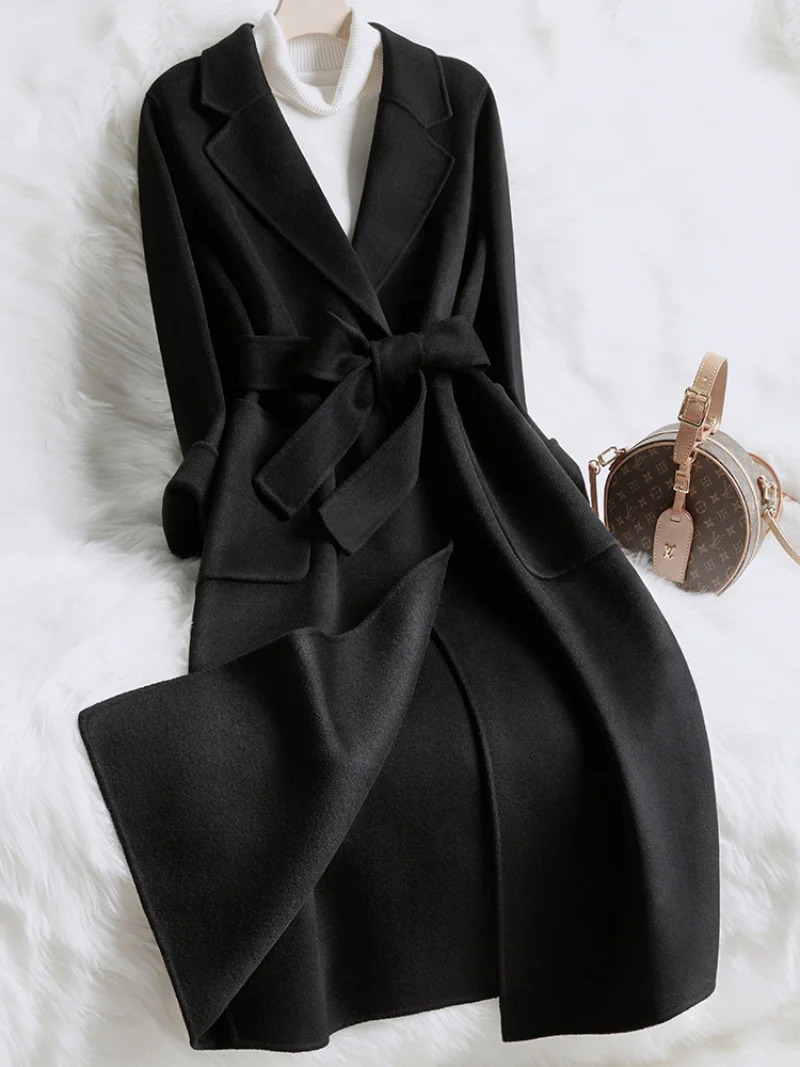 Women's Wool Blends Weight-loss double-sided cashmere coat women's mid-length beige temperament slim-fit autumn and winter woolen coat 23101