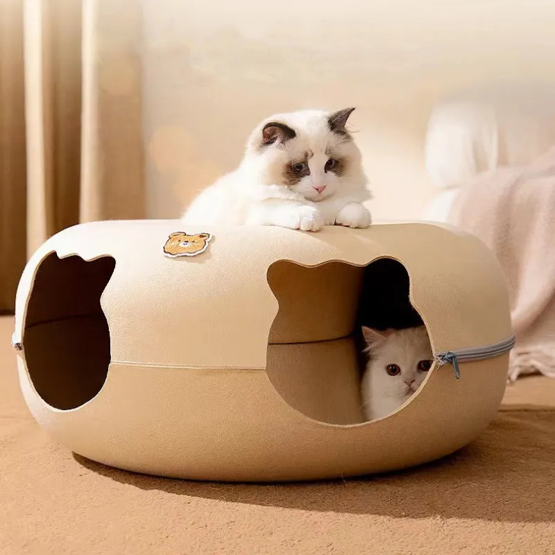 Cat Beds Furniture Cute Cartoon Shaped Interactive Toy for Cats House Felt Tunnel Cave Beds Removable Donut with Zipper Nest Basket Kitten Supplies 23