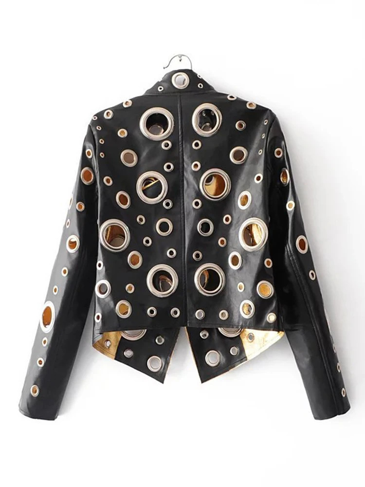 Women's Jackets 2023 Spring Personality PU Round Hole Women Jacket Gold Black Silver Color Stand Collar Long Sleeve Coat Leather Clothing Top 231