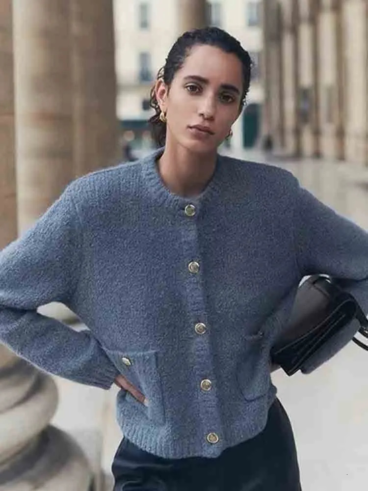 Women's Wool Blend 2023 Autumn Fashion Allmatch Button Knitted Jacket Retro Long Sleeve Chic Round Neck Pocket Cardigan Top Mujer 231011