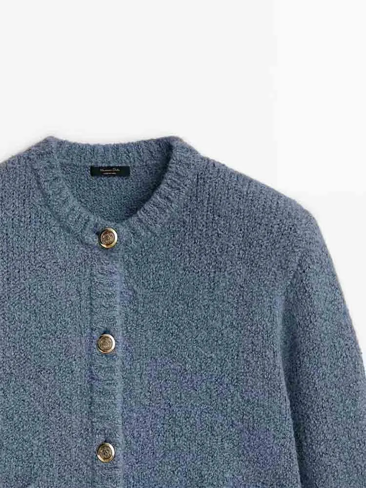 Women's Wool Blend 2023 Autumn Fashion Allmatch Button Knitted Jacket Retro Long Sleeve Chic Round Neck Pocket Cardigan Top Mujer 231011