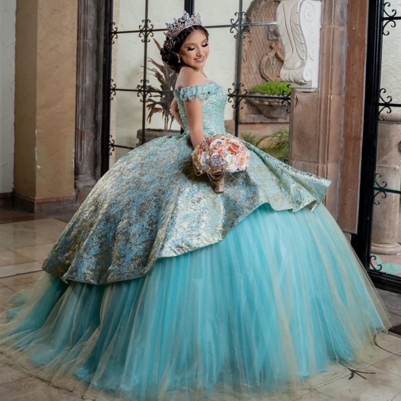 Aqua Blue Shiny Princess Quinceanera Ball Straps Beaded Off Shoulder 15th Party Gown Gold Appliques Sweet 16 Dress