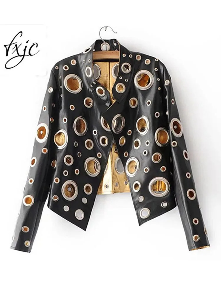 Women's Jackets 2023 Spring Personality PU Round Hole Women Jacket Gold Black Silver Color Stand Collar Long Sleeve Coat Leather Clothing Top 231