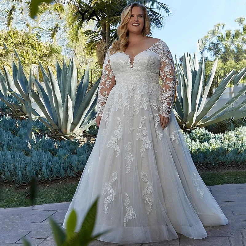 Elegant Wedding Dresses For Woman Plus Size Long Sleeves Applique Bride Gowns A-Line V-Neck Tulle Vestidos de Novia 01