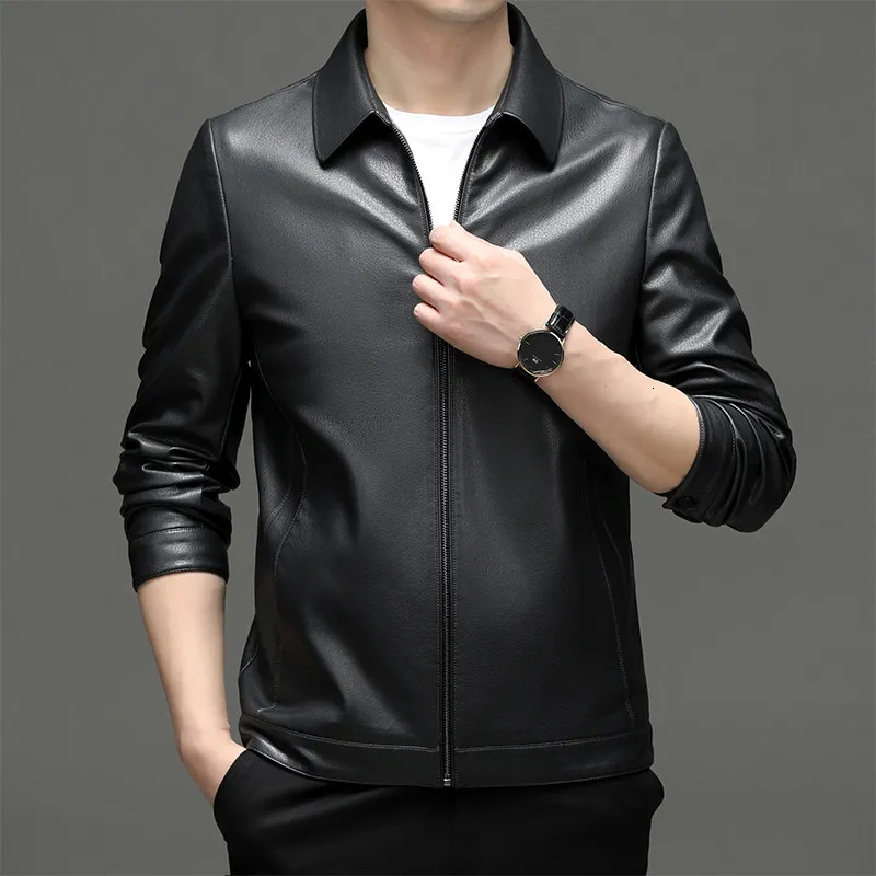 Men's Leather Faux Leather YN-2335 Spring and Autumn Men's Genuine Leather Polo Mock Neck Jacket Fashion Slim Sheepskin Coat Black Grey Husb