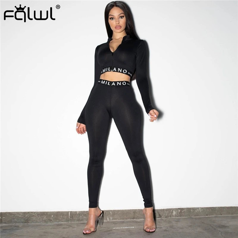 Women's Two Piece Pants FQLWL Streetwear White Pink 2 Two Piece Set Women Outfits Fitnesss Long Sleeve Crop Top Leggings Women Ladies Tracksuit F