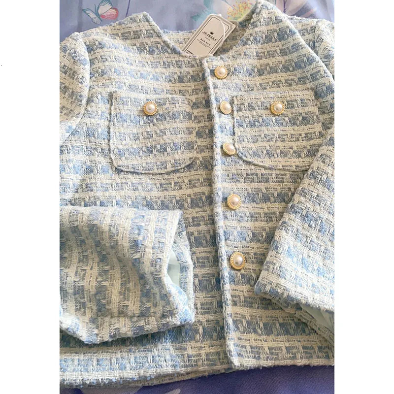 Women's Jackets Light Blue Tweed Striped Jackets For Women Temperament Tunic Vintage Korean Fashion Coat Crop Tops Womens Clothing Clothes 231010