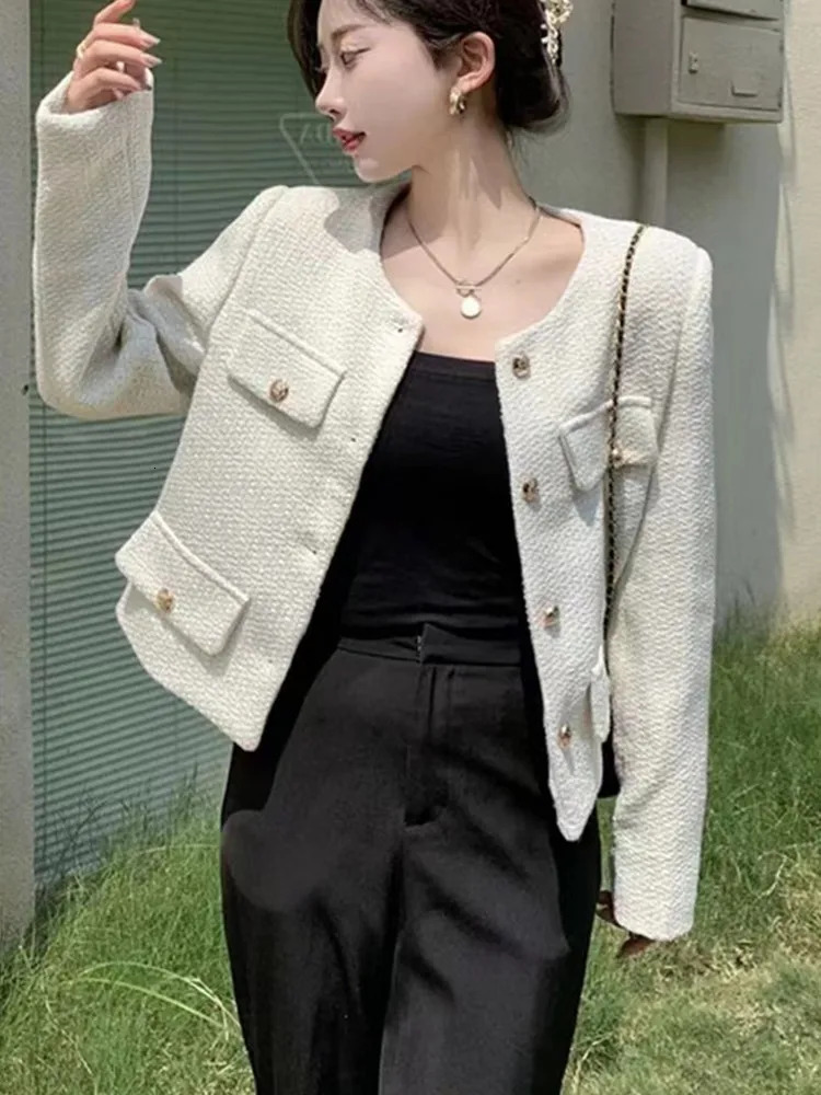 Women's Jackets HMA High Quality Women Fashion Jackets Black Tweed Elegant Coats Ladies Spring Autumn Woolen Women Clothes 231010