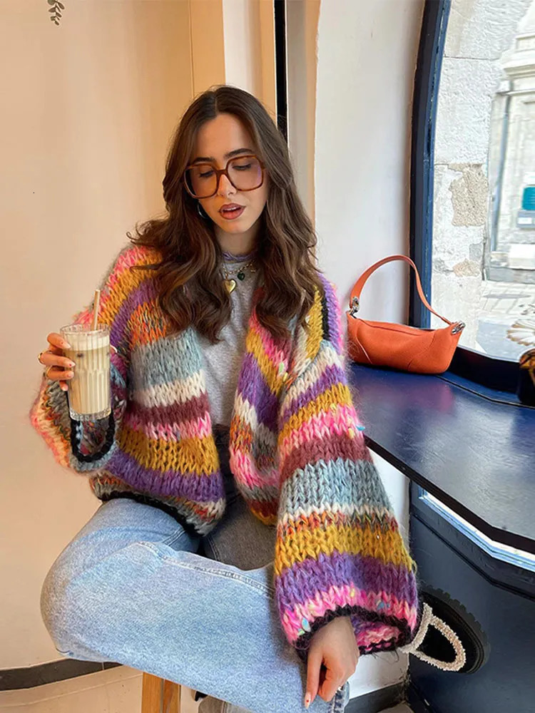 Women's Wool Blends Colorful Striped Crochet Knitted Sweaters Sweet Lantern Sleeve Loose Short Cardigan Autumn Fashion Streetwear Knitwears 23101