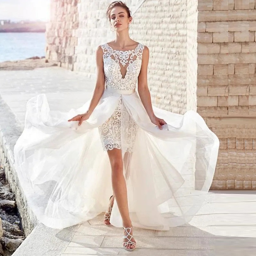 Boho Sleeveless Beach 2 Pieces Wedding Dresses Vintage Lace Short Bridal Gown with Long Detachable Skirt For Bride 01