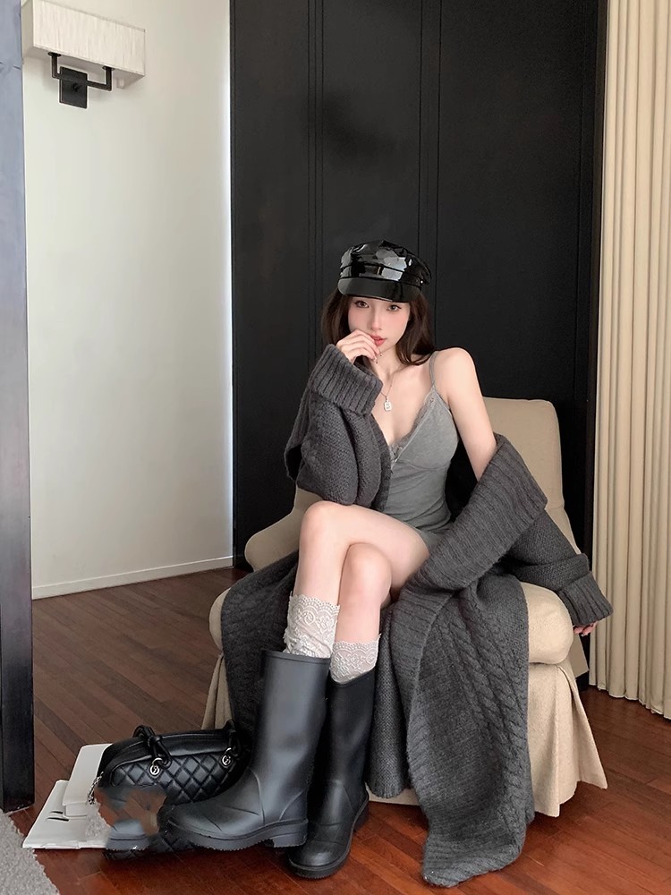 Womens warm thickening big turn down collar coarse wool knitted midi long sweater cardigan coat