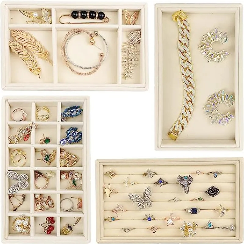 Jewelry Boxes Velvet Tray Storage Drawer Small Stackable Beige Organizer Insert Durable Display Earring Ring Case 231011