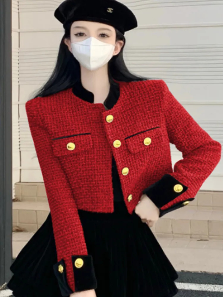 Women's Jackets Small Fragrant Coat Chic Stand Tweed Jacket Women Red Vintage Autumn Chaquetas Mujer Jaqueta Feminina Black Striped Cardigan 2310
