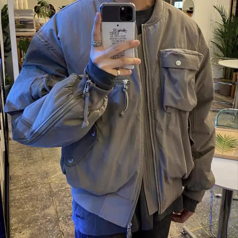 GRAILZ Pocket Flight Jacket Casual Loose Zippered Jacket Cotton Jacket Men Bomber Zipper Cotton Jacket for Men