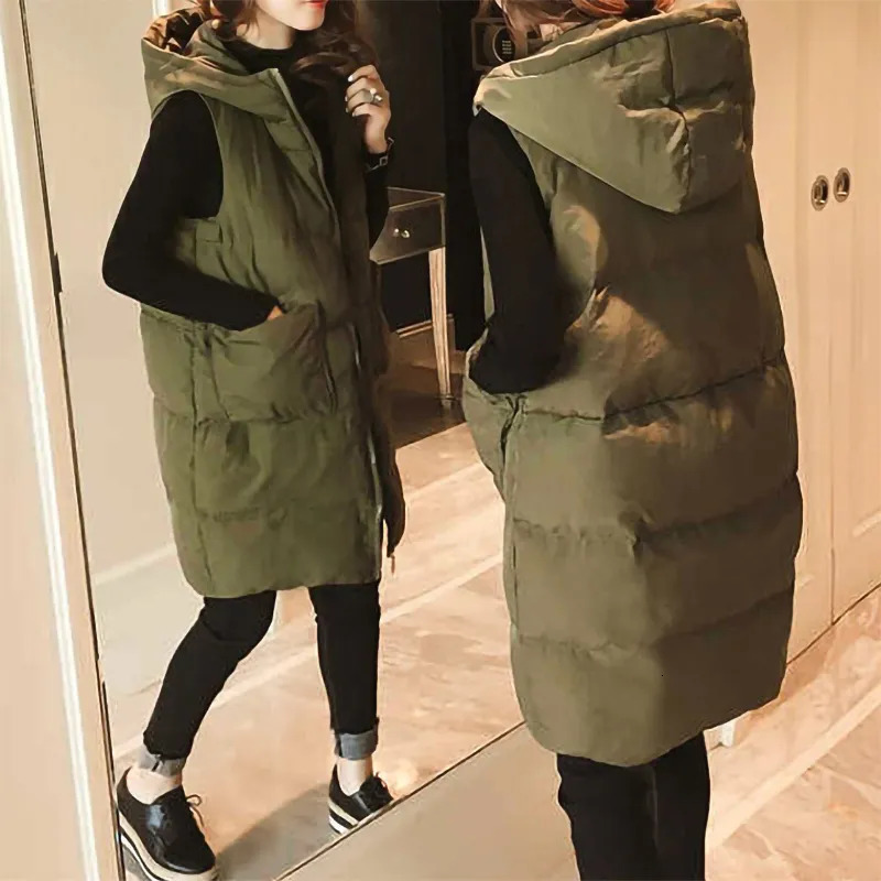 Women's Vests Winter Women Vest Waistcoat Long Cotton Jacket Loose Oversize Warm Bread Jacket Sleeveless Hooded Woman Jacket with Pocket 231010