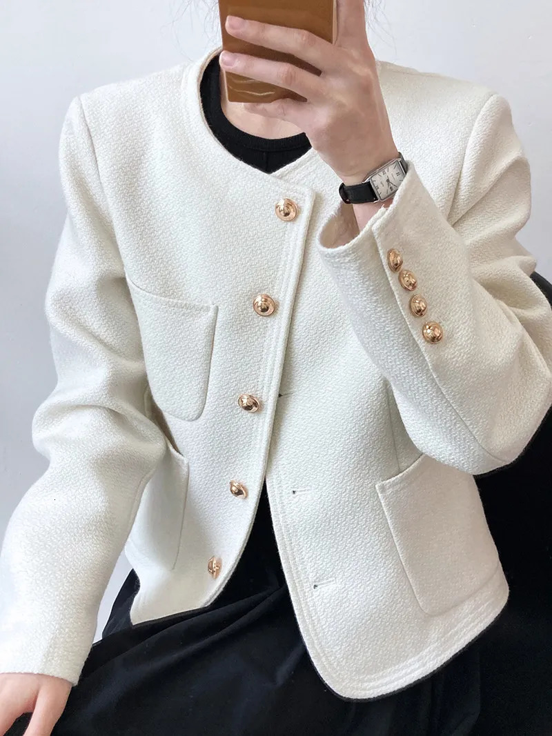 Womens Jackets Solid Metal Button Black Tweed Jacket Coat Korean Style Simple Outwear Chic Top 231010